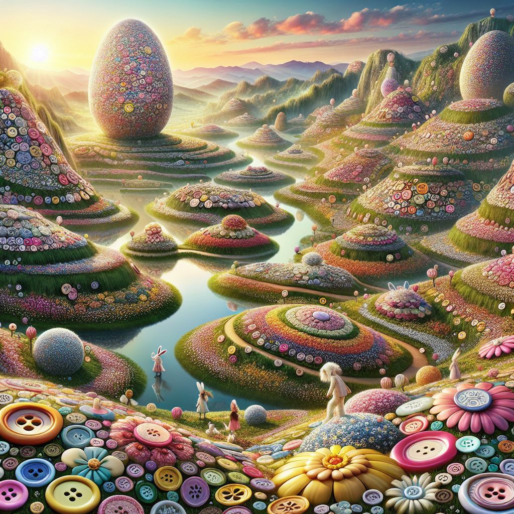 Imagine the Land of Many Buttons, Ryan X. Charles (@ryanxcharles), transformed as Easter enfolds it in a festive embrace.

In this intricate portrait, you're greeted by a sunny, spring morning where the sky is a flawless azure, brushed with the lightest wisps of cirrus clouds. The land, a kaleidoscope of verdant meadows and rolling hills, is speckled with a vibrant carpet of button-shaped flowers - pinks, yellows, blues, and purples - each petal a tiny, glossy button that casts a colorful reflection in the dew of dawn.

Winding pathways, adorned with pastel buttons embedded into the earth, lead to a central square. Here stands an enormous Easter egg, its surface a mosaic of countless tiny buttons, each carefully placed to form intricate patterns reminiscent of traditional Easter designs: chevrons, zigzags, and waves in a palette of springtime hues.

Children of the Land, dressed in tunics bedecked with buttons of every conceivable shape and color, frolic among giant button daisies and tulips, their laughter ringing through the air as they engage in an Easter button hunt. They clutch baskets woven from fine button strands, eager to fill them with the special Easter buttons hidden by the land’s button hares – gentle creatures with coats of woven button-fur, their long ears tipped with sparkling diamanté clasps.

In the center of the festivities is the Button Hare King, a jovial figure resplendent in a cloak of the finest embroidered buttons. On his scepter perches a button bird, its plumage a splendid cascade of iridescent buttons that chime melodically in the breeze. The King presides over the egg-tapping competition, where eggs of purest alabaster, each encrusted with a lattice of delicate filigree buttons, are tapped in a game of dexterity and celebration.

Above, banners crisscross the skies, strung from one button tree to another, their billowing fabric dotted with sequined buttons that glint in the light. The trees themselves are in full blossom, with each leaf a miniature green button and each cherry blossom a soft pink snap.

Amidst this scene of button grandeur, the residents perform traditional dances in a circle, their attires adorned with jingling button-bells that ring out in harmonious symphony with every twirl and leap.

In this image, @ryanxcharles, the Land of Many Buttons is enveloped in the spirit of Easter - a celebration of renewal, joy, and community, all expressed through the universal charm of buttons. Here, traditions are upheld with a touch of whimsy, and Easter is not just observed, but felt - in every click, clack, and glimmer of the buttons that animate this fantastical land.